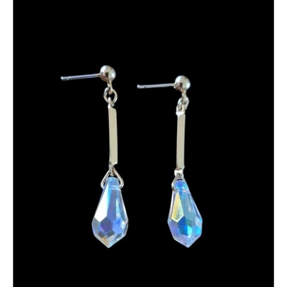 Faceted Teardrop Crystal Aurora Borealis Beads Dangle Earrings Gold Tone Bar